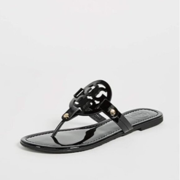 Tory Burch Miller Sandals Black Patent Leather Logo Thong Flip Flops Women Sze 9 - Picture 13 of 14